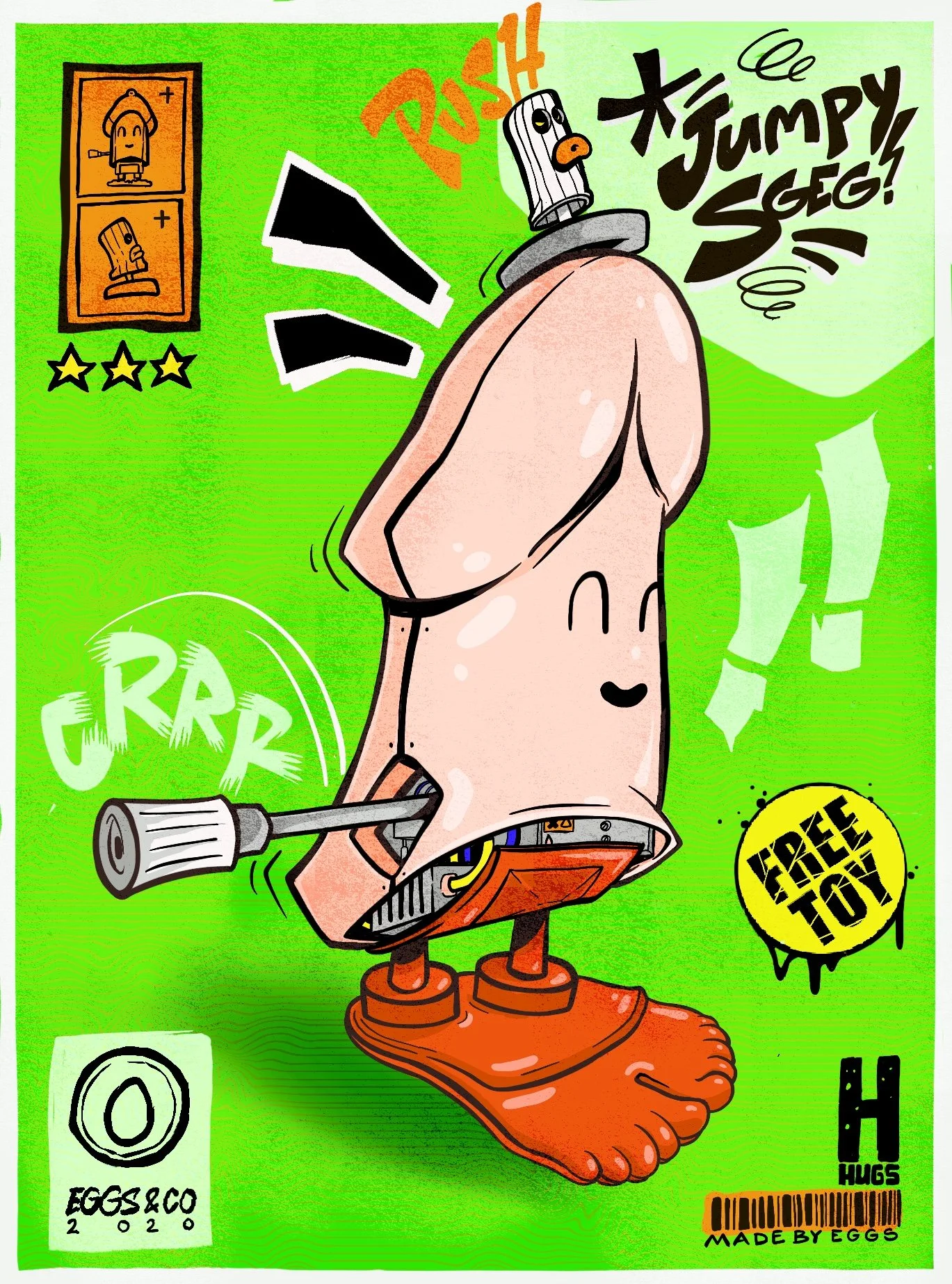 Une illustration de style cartoon d'une chaussure avec un visage humain en forme d'œuf, portant des chaussures orange, avec un chapeau en forme d'œuf sur la tête. Autour, des textes comme 'The Jumping Egg', 'Free Toy', et divers éléments graphiques c