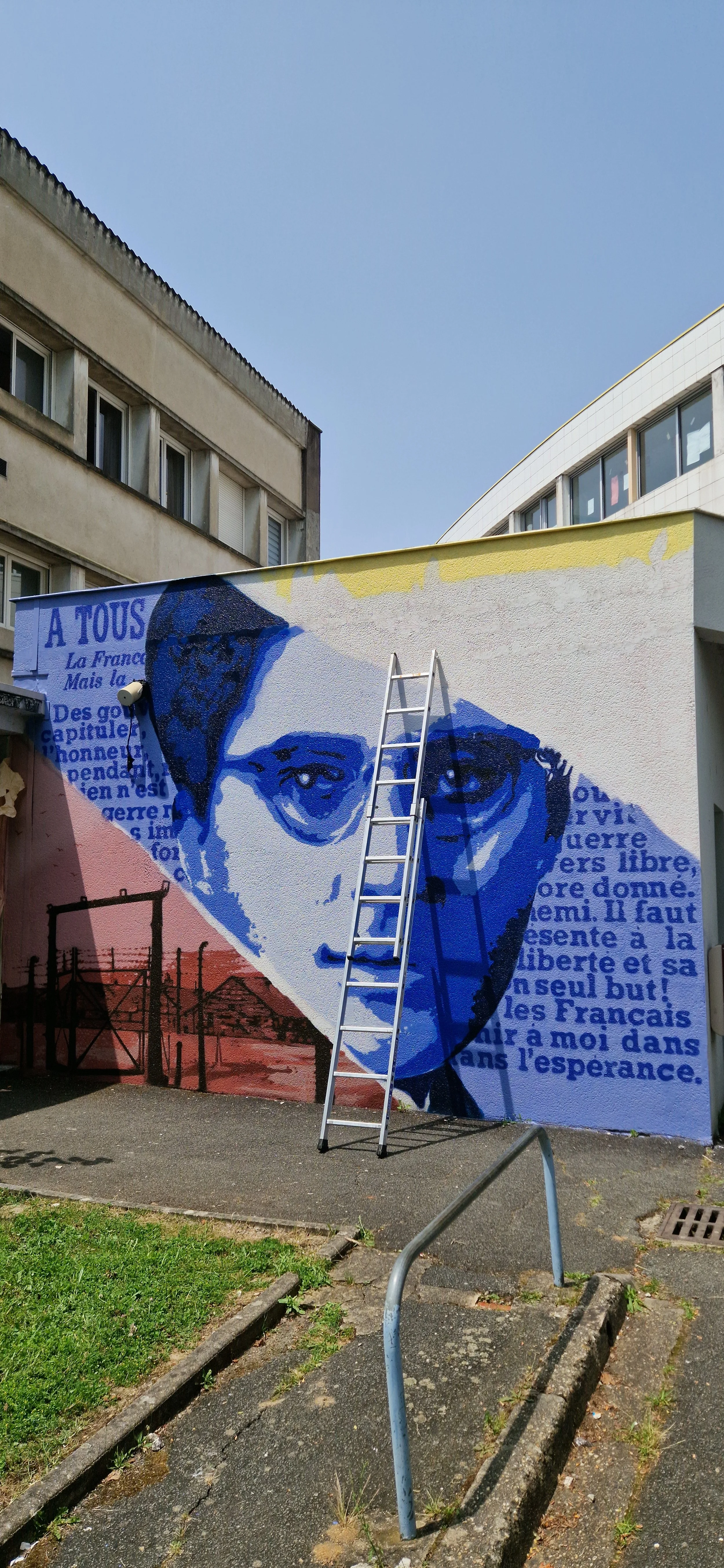 Une fresque murale de EGGS EGGS58STUDIO représentant le portrait de Laure Gatet en nuances de bleu. EGGS EGGS58STUDIO