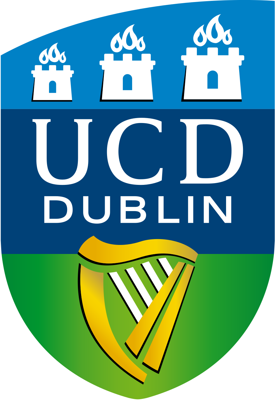 UCD Dublin emblem featuring three castle towers with flames on top, the text 'UCD DUBLIN', and a gold harp symbol.