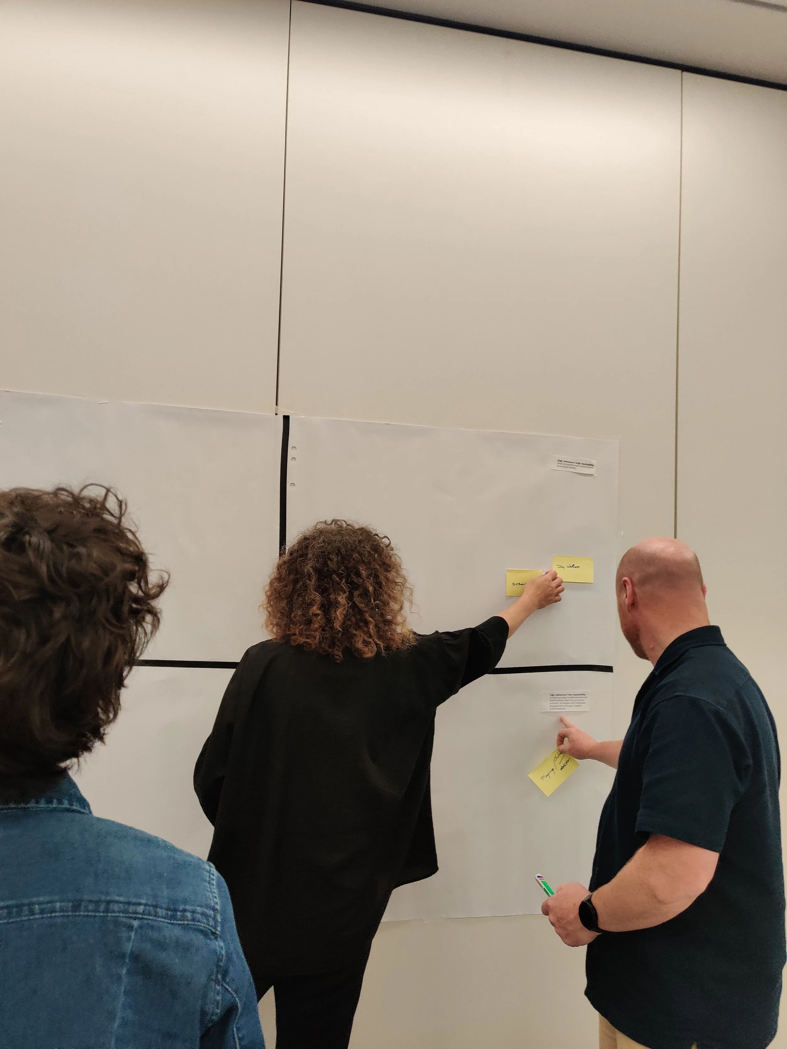 A group of people are standing in front of a whiteboard, with one woman writing on a sticky note and others observing or holding markers, in a professional or classroom setting.