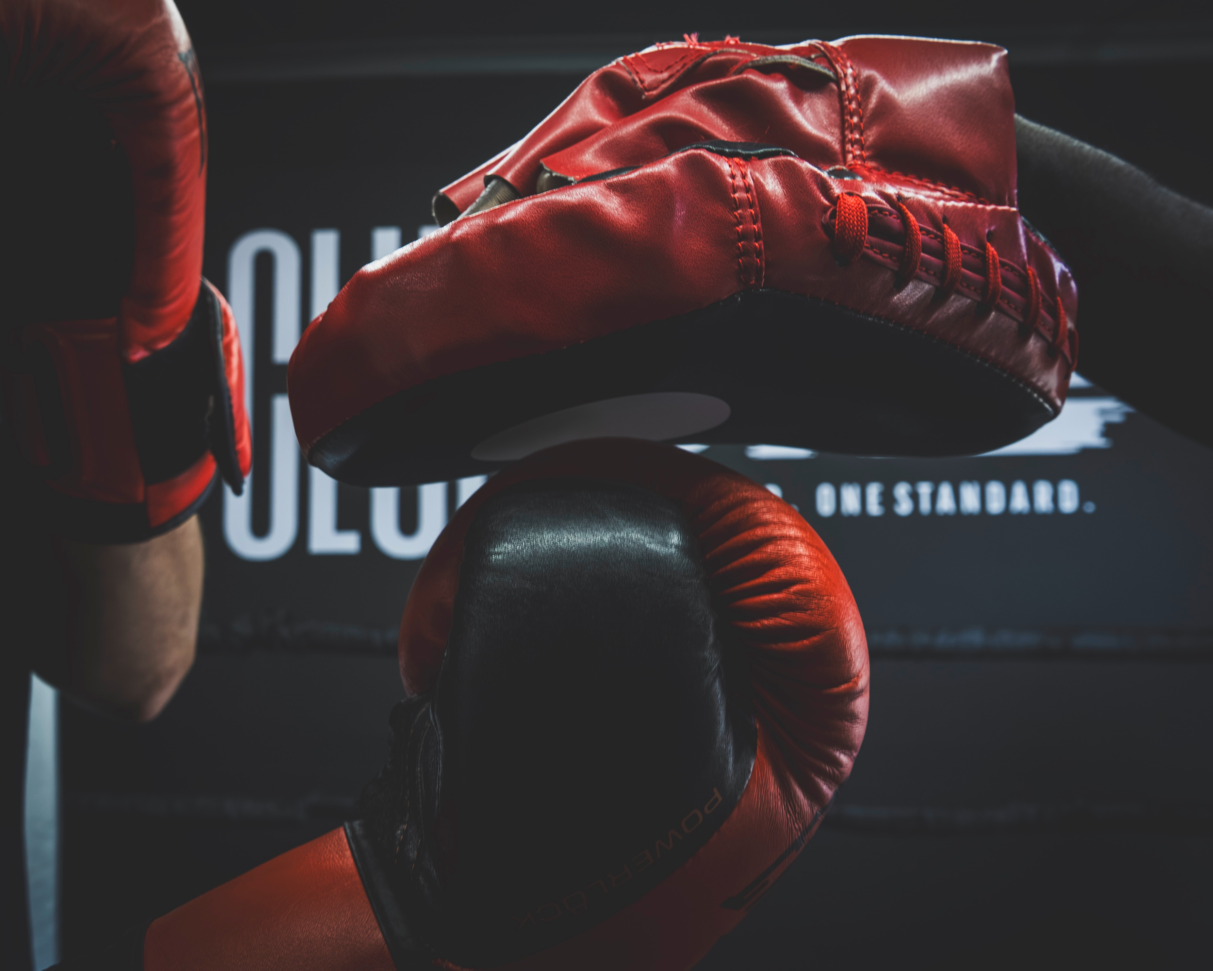 Red boxing gloves resting on a black boxing ball in a gym.