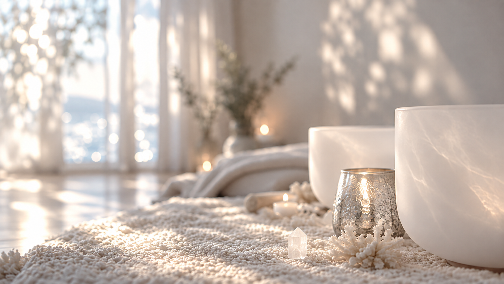 Gemütliche Wellness- oder Yogarichtung mit weißen Schalen, Kerzen, Steinen und Blumen im hellen Raum mit Sonnenlicht.