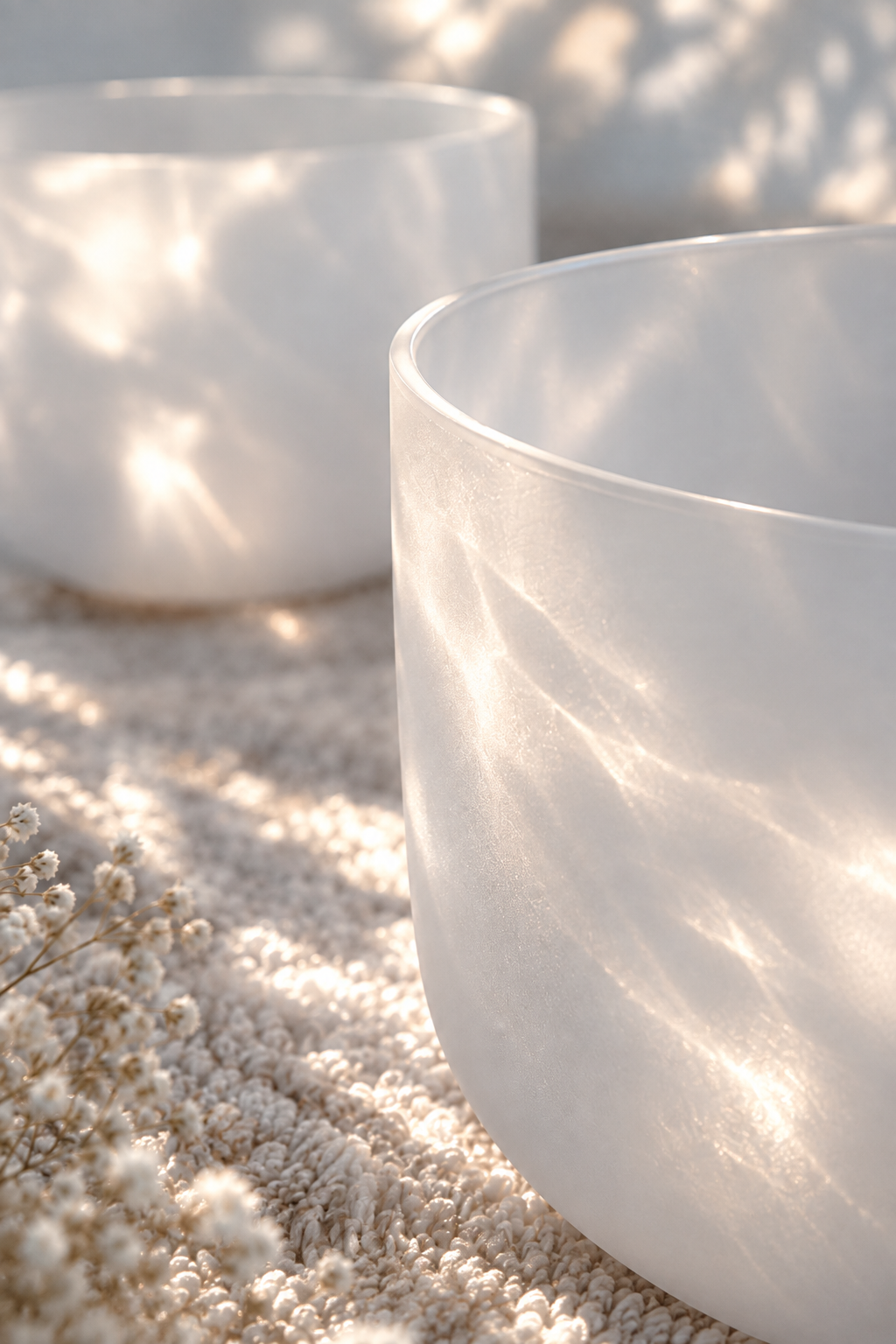 Zwei transparente Kristallgläser im Sonnenlicht auf einer sandigen Oberfläche, mit kleinen weißen Blumen im Vordergrund.
