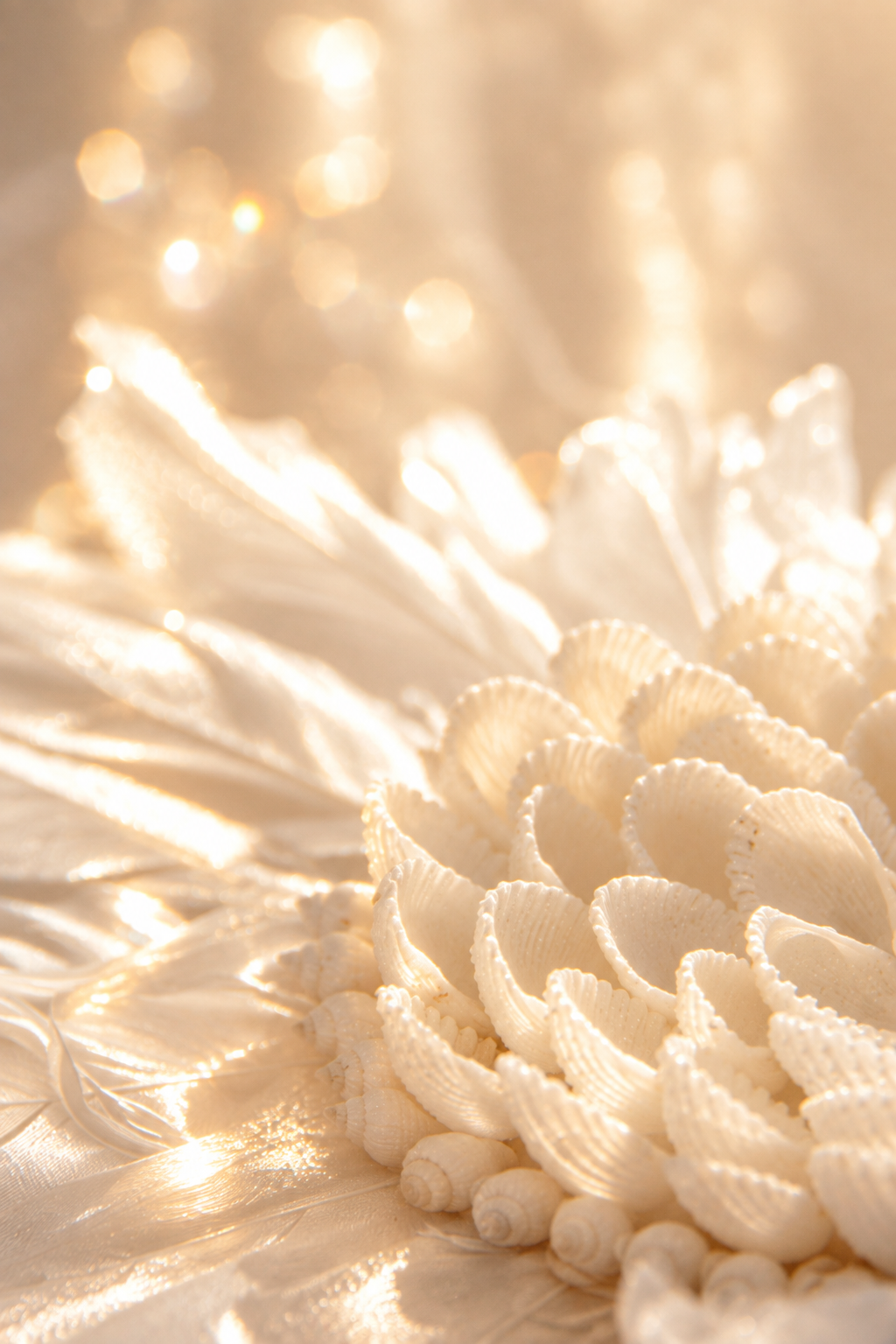 Weißes Seestern- und Muschelmuster mit sanfter, warmgoldener Beleuchtung und bokeh-hintergrund.