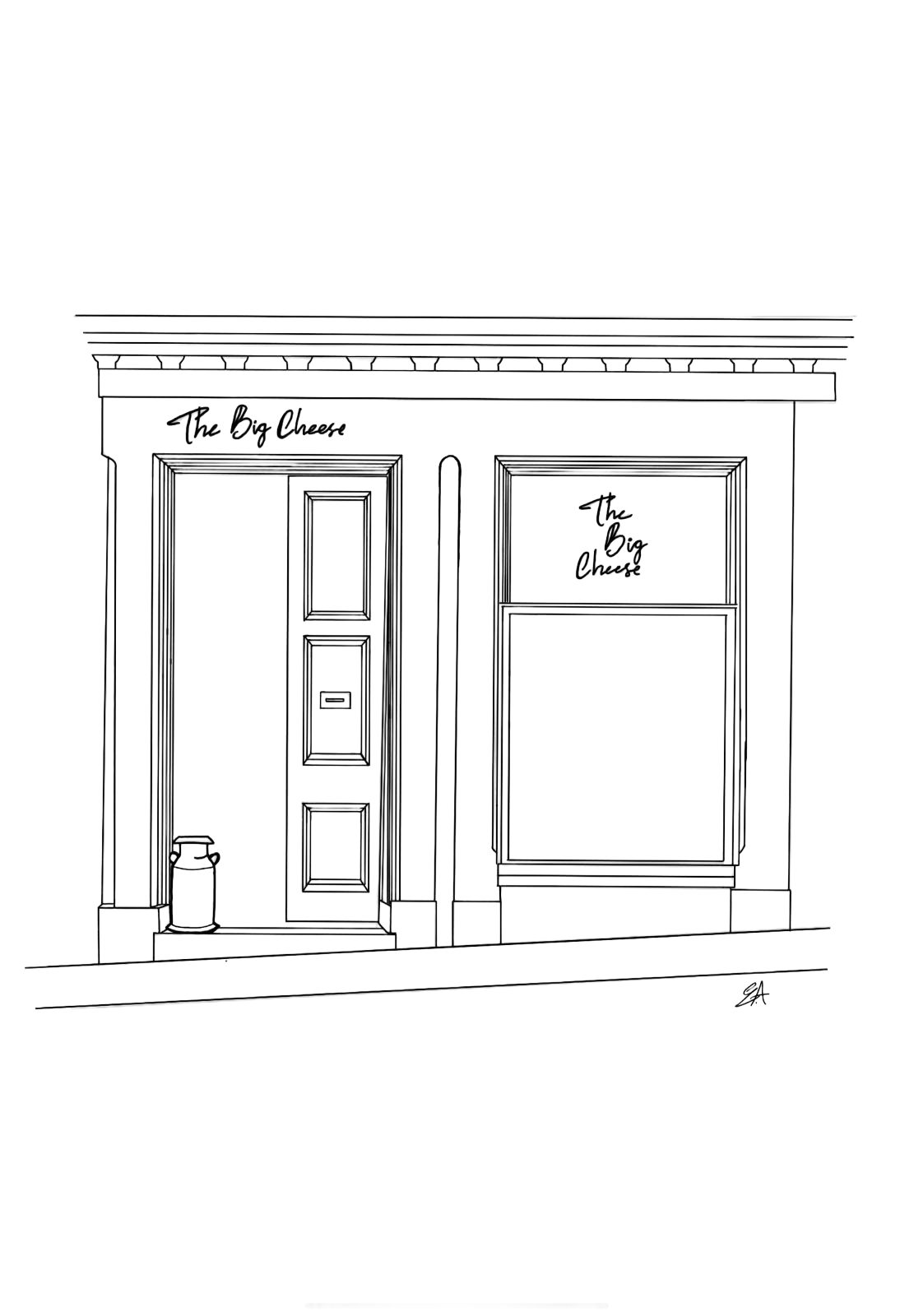 Outline drawing of a storefront with a door and window, labeled 'The Big Cheese' above and on the window.