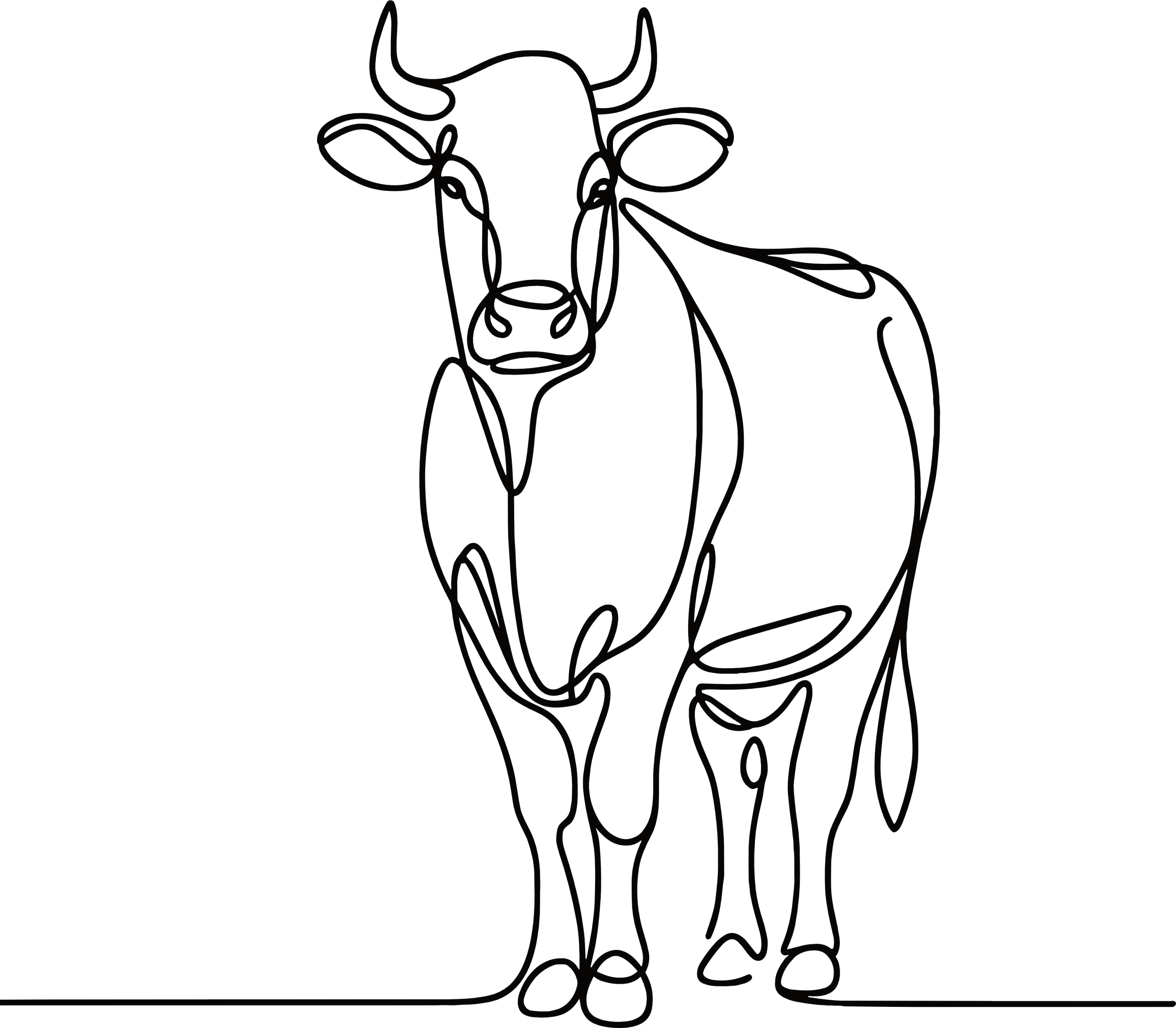 Outline drawing of a cow's face and upper body, with detailed features including horns, ears, eyes, nose, and mouth.