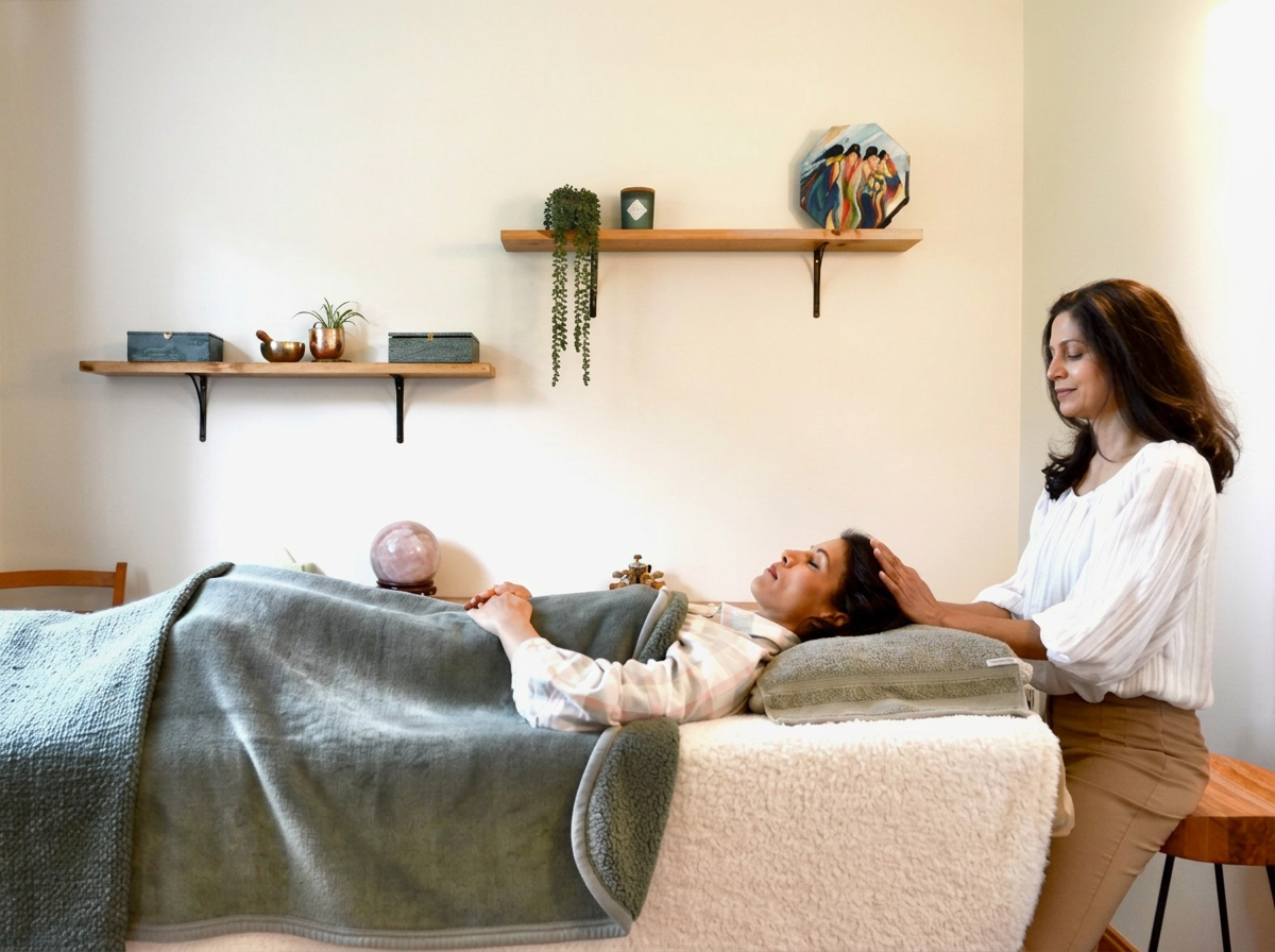 Clothilde holding a client's head while the client relaxes