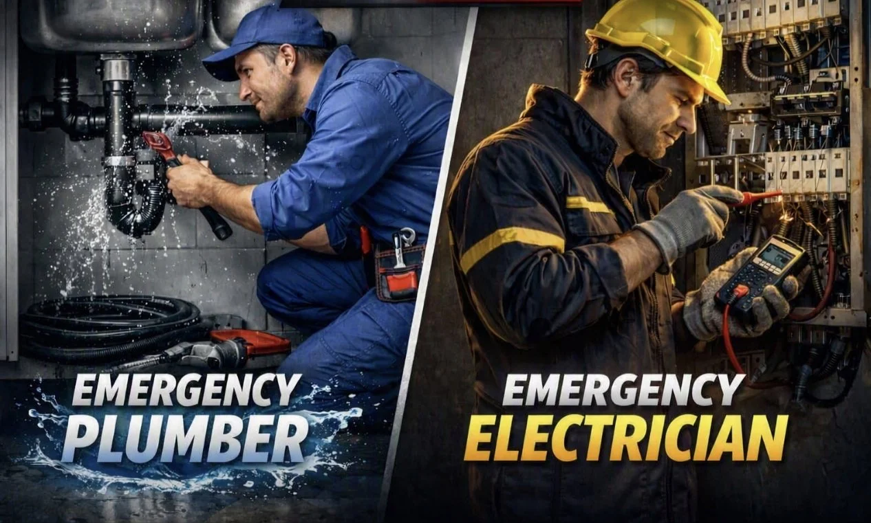 A split image showing two male professionals. The left side features a plumber working with water and plumbing tools, wearing a blue uniform and cap. The right side shows an electrician working with electrical wiring, wearing a safety helmet and gloves, holding a multimeter.