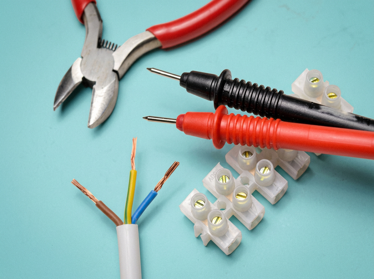 Electrical tools and components on a light blue background, including a pair of wire cutters, multimeter probes, a cut wire with exposed copper strands, and terminal connectors.