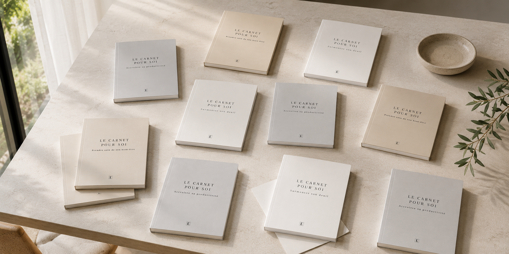 Collection de carnets de journaling Le Carnet pour Soi en situation sur une table lumineuse, avec carnets de productivité, bien-être et deuil