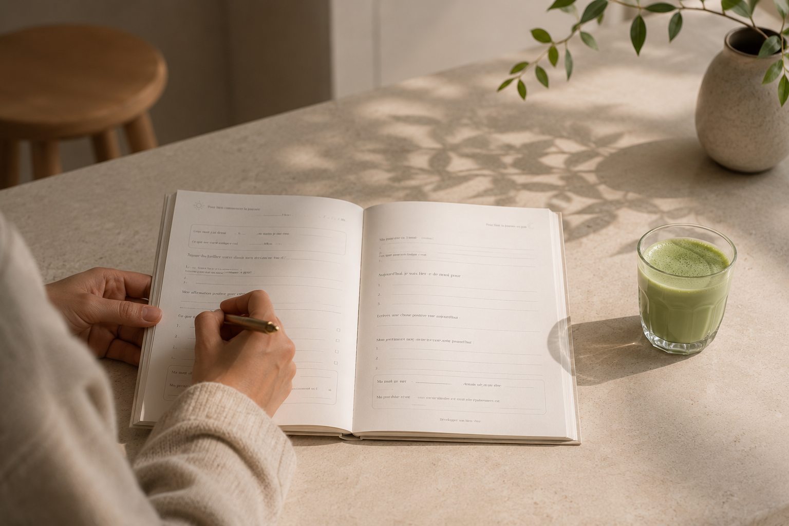 Carnet de journaling bien-être ouvert et utilisé le matin avec une boisson matcha