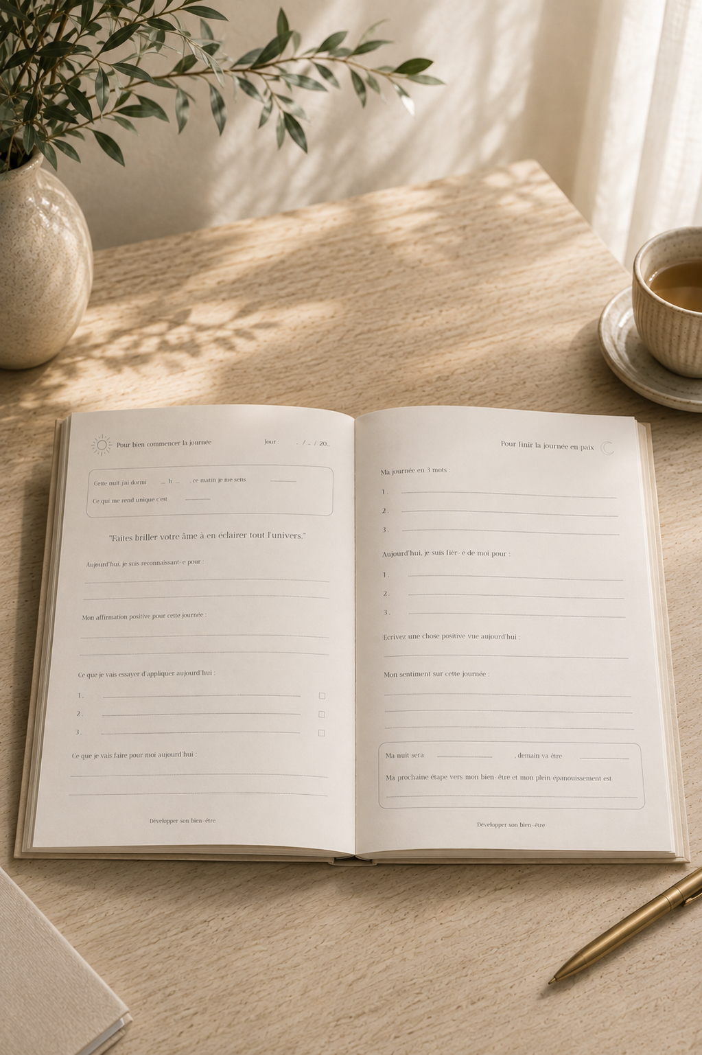 Carnet de journaling bien-être ouvert sur un bureau avec pages guidées pour le bien-être quotidien