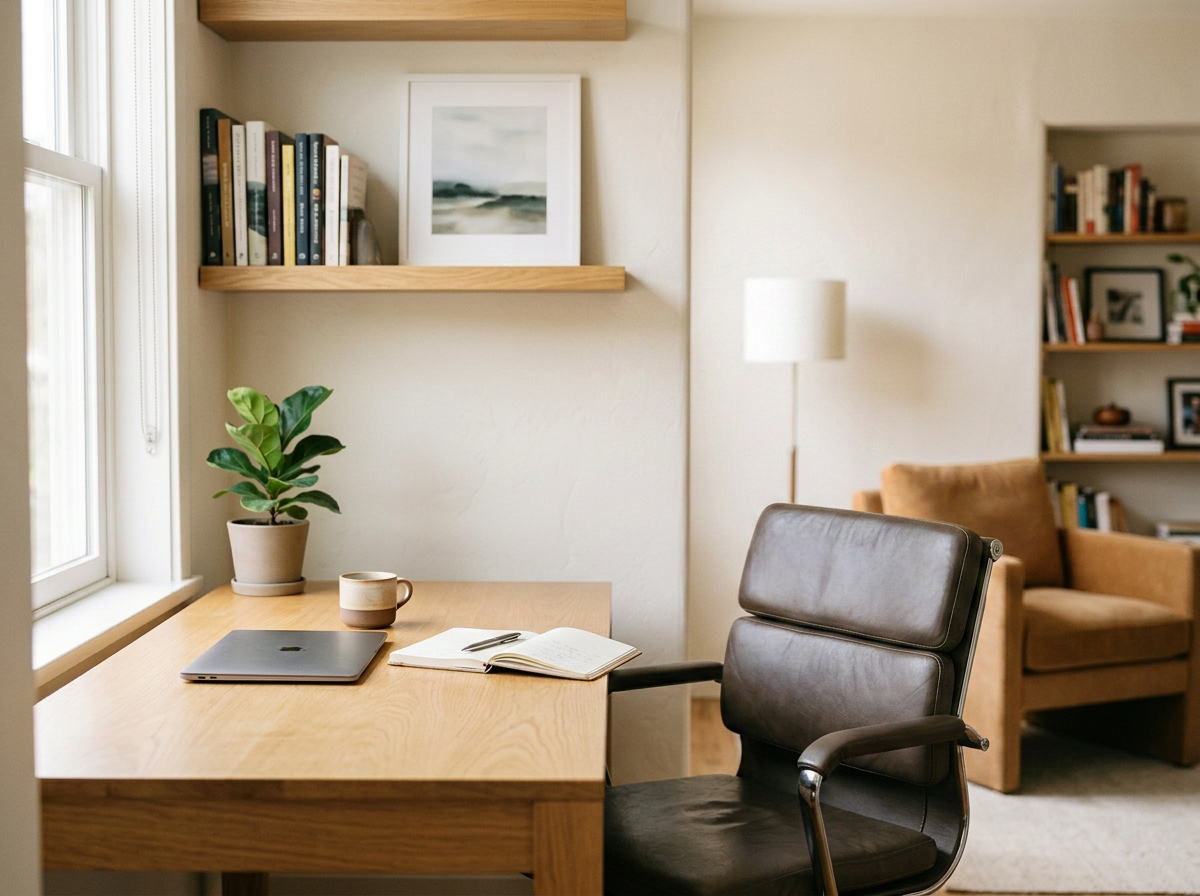 Home office with wooden desk, black office chair, potted plant, laptop, mug, open notebook, framed artwork, bookshelf with books, armchair, floor lamp, and other framed pictures.