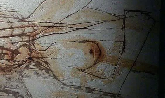 Disegno artistico di un seno femminile con linee di contorno e dettagli anatomici in stile tecnico.