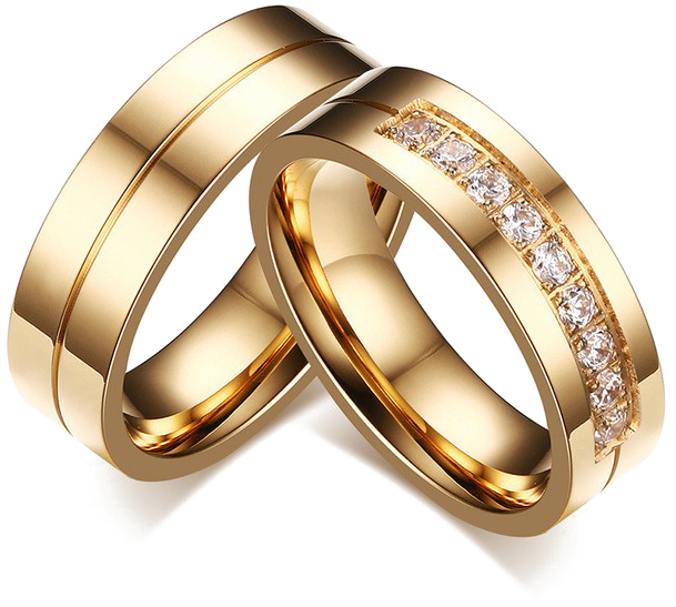 Two gold wedding bands, one with a simple polished finish and the other with embedded diamonds, stacked together.