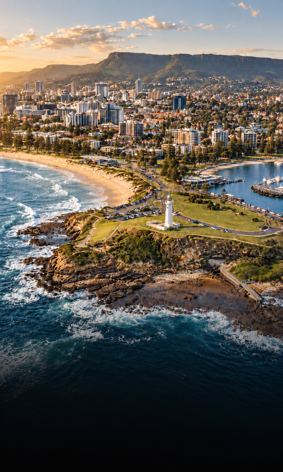 Aerial view of Wollongong coastline, lighthouse and city beneath the Illawarra escarpment