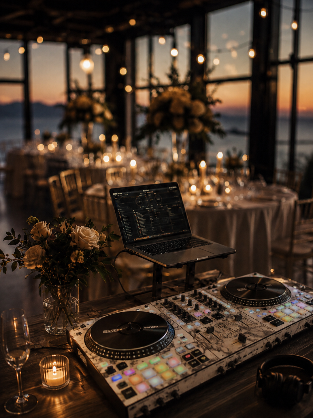 A DJ setup with turntables and a laptop, flowers, candles, and a decorated event space with tables, chairs, and lighting at sunset.