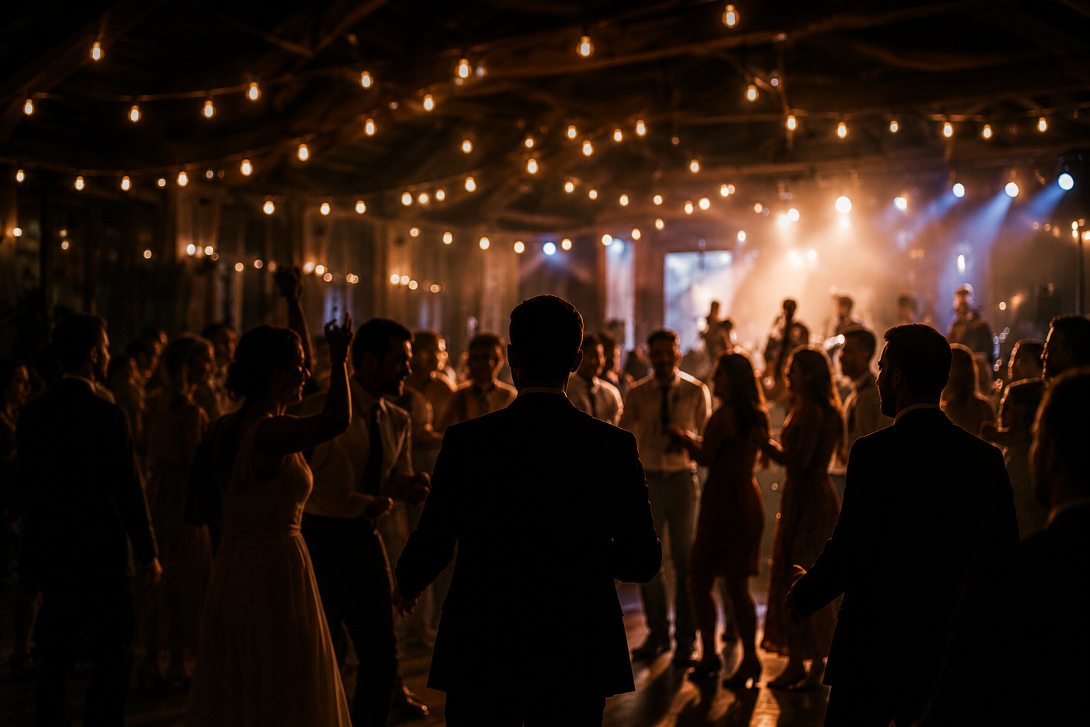 People dancing and socializing at an indoor wedding reception with string lights and a band or DJ performing in the background.