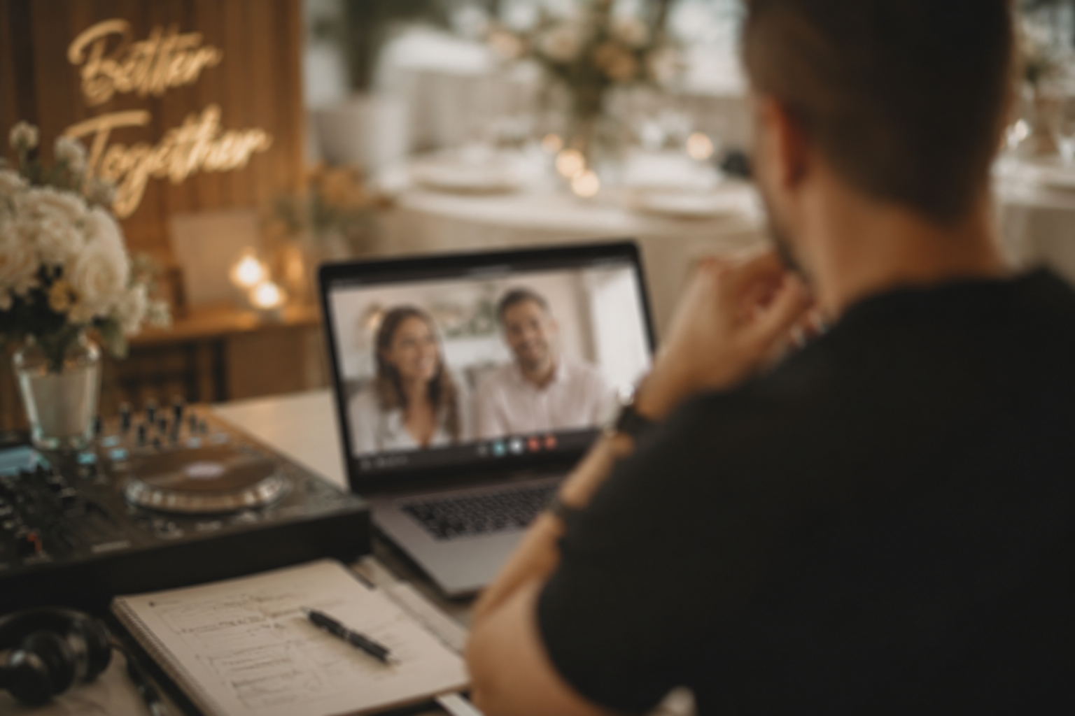 Person watching a video call on a laptop with a man and woman on the screen, surrounded by flowers and a sign that reads 'Better Together' in the background, on a table with a DJ controller, notebook, and pen.