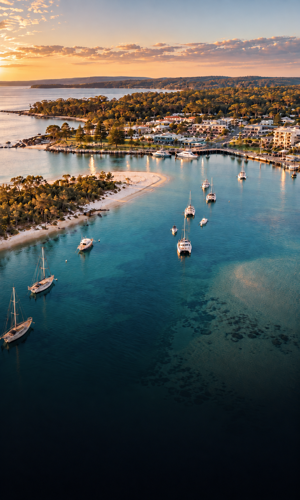 Aerial view over Huskisson foreshore and boats on Jervis Bay at sunset