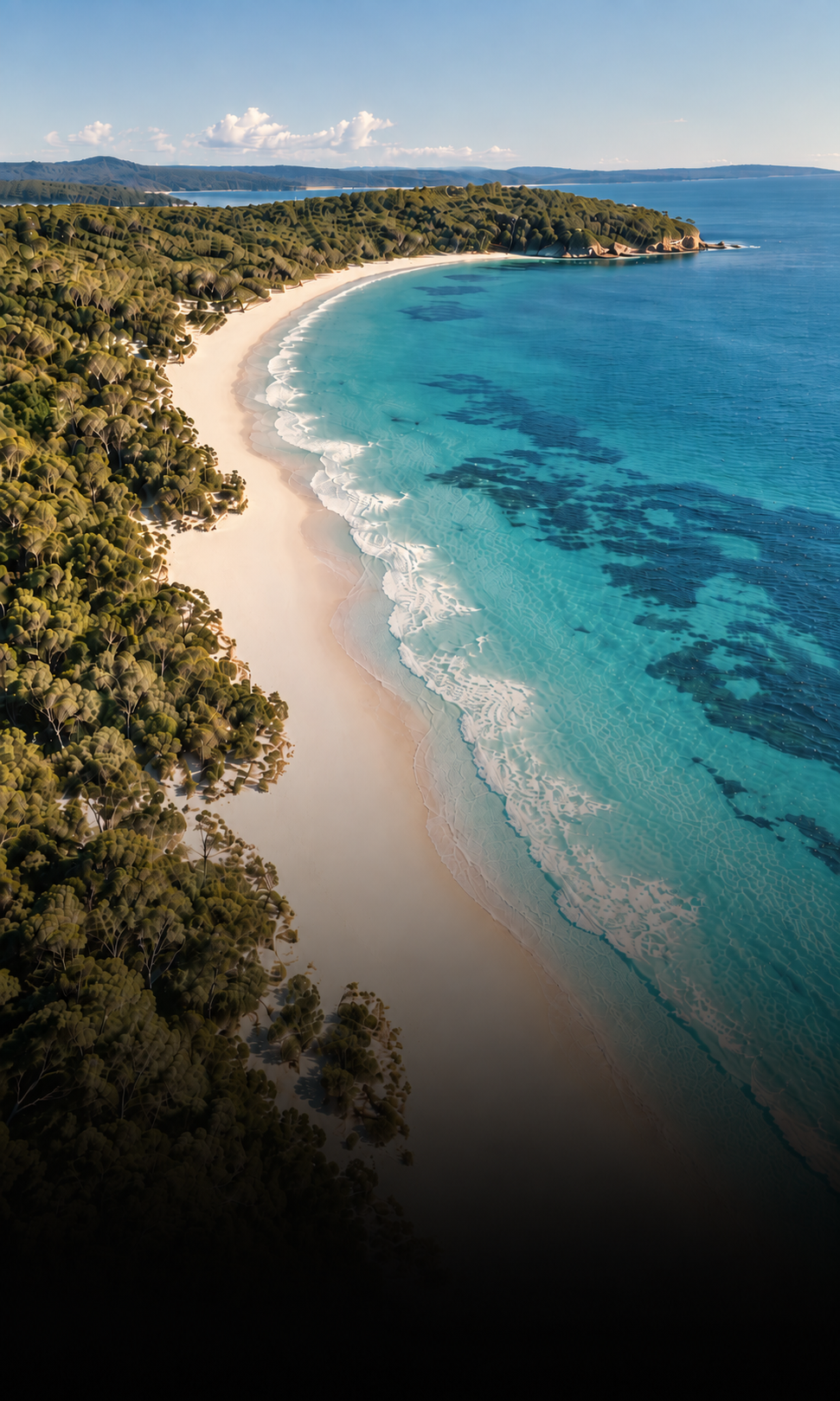 Aerial view of white sand beaches and turquoise water in Jervis Bay on the NSW South Coast