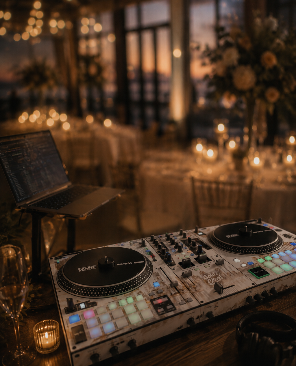 DJ equipment with turntables, mixer, and laptop on a table in a dimly lit event space with candles, floral arrangements, and large windows showing a sunset view.