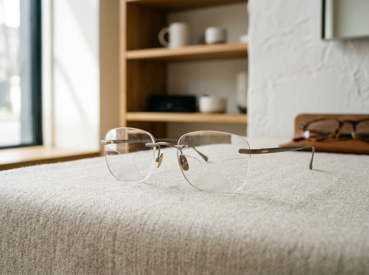 A pair of eyeglasses with clear lenses resting on a beige fabric surface, with another pair of glasses and a brown case in the background near a window.
