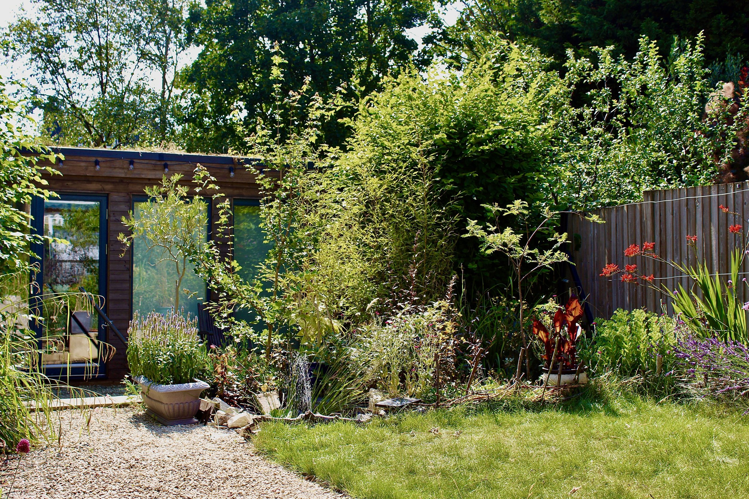 A lush garden with various plants, flowers, and trees, a gravel pathway, and part of a wooden building with windows.