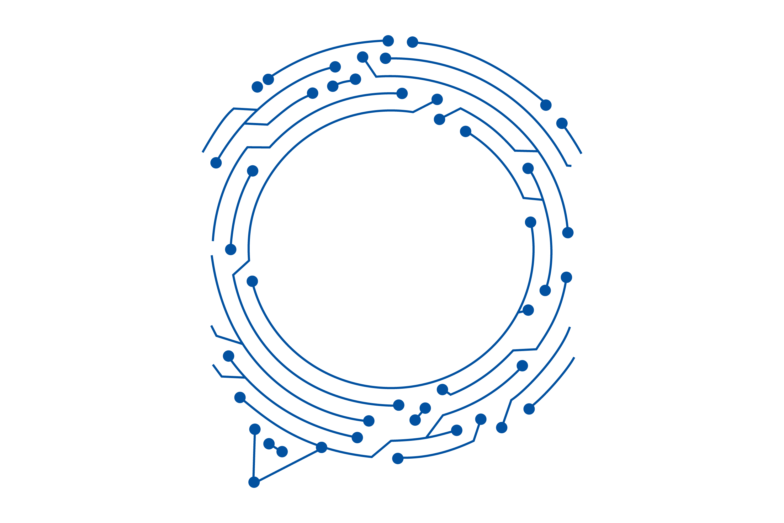A digital illustration depicting a large circular pattern of connecting lines resembling a circuit board, symbolizing technology and artificial intelligence.