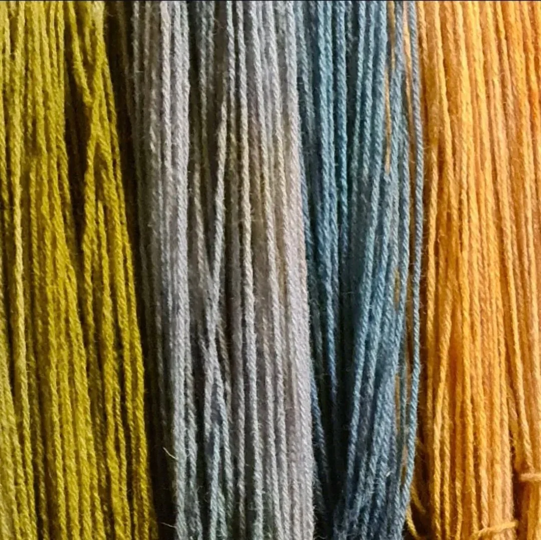 Close-up of multicolored yarn strands in yellow, beige, blue, and orange.