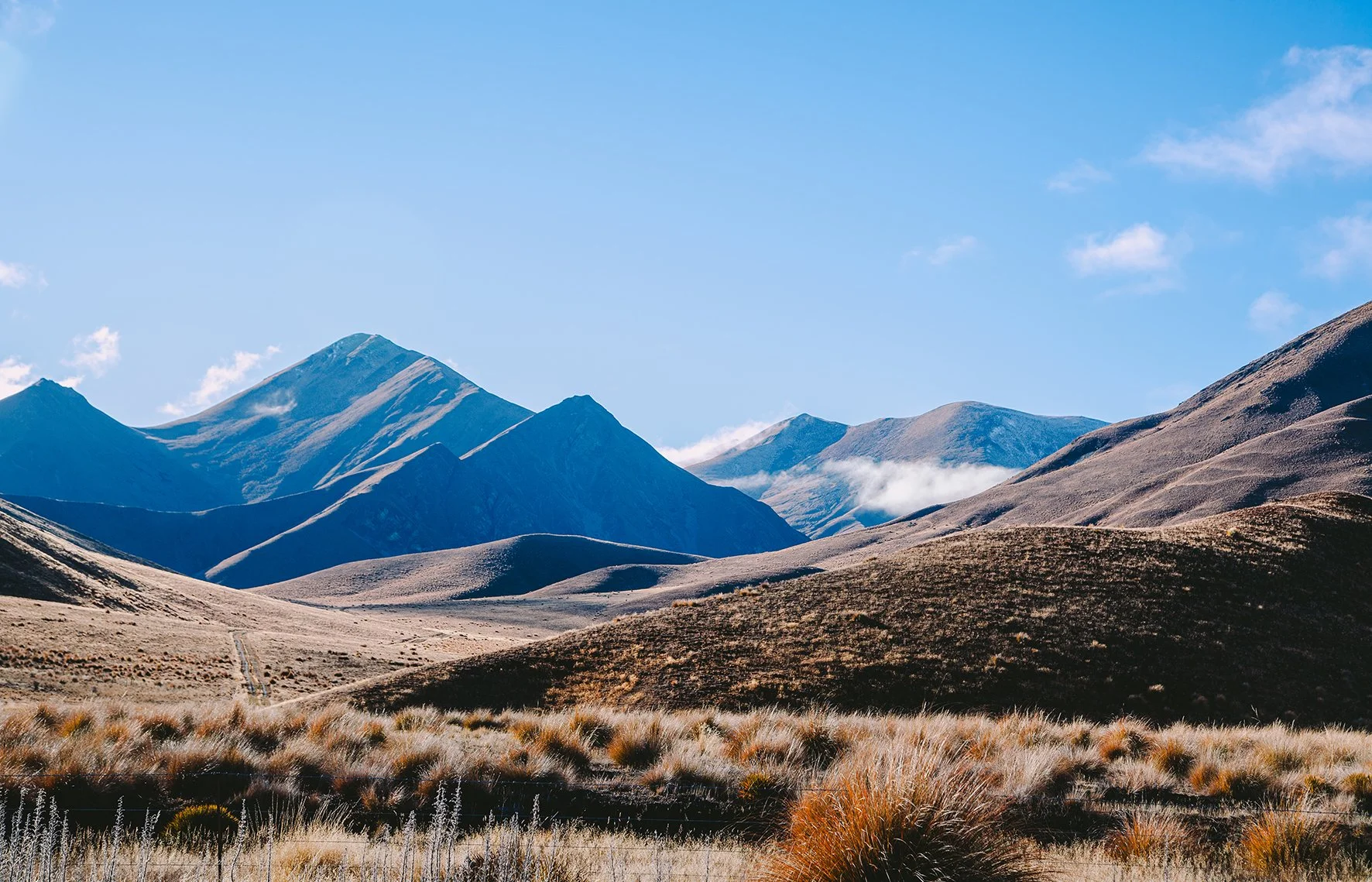 A landscape of arid mountains with grassy plains in the foreground and a clear blue sky overhead.