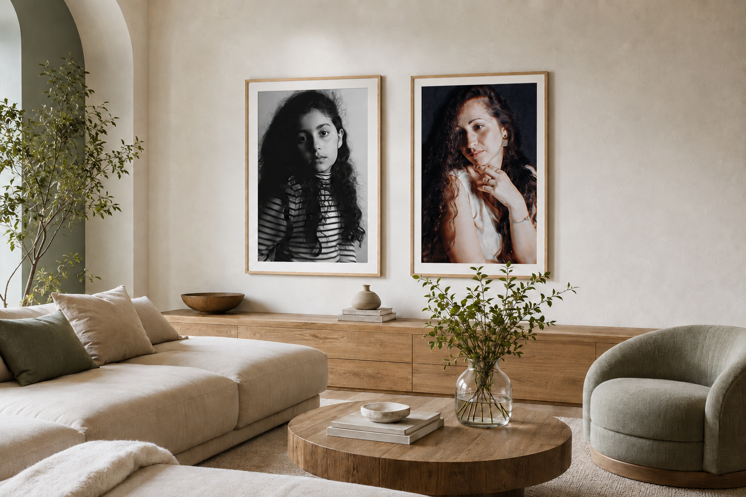 Living room with beige sectional sofa, green and beige pillows, round wooden coffee table with books and a bowl, a green armchair, a wooden sideboard with decorative items, large black-and-white and color portrait photographs on the wall, and potted plants.