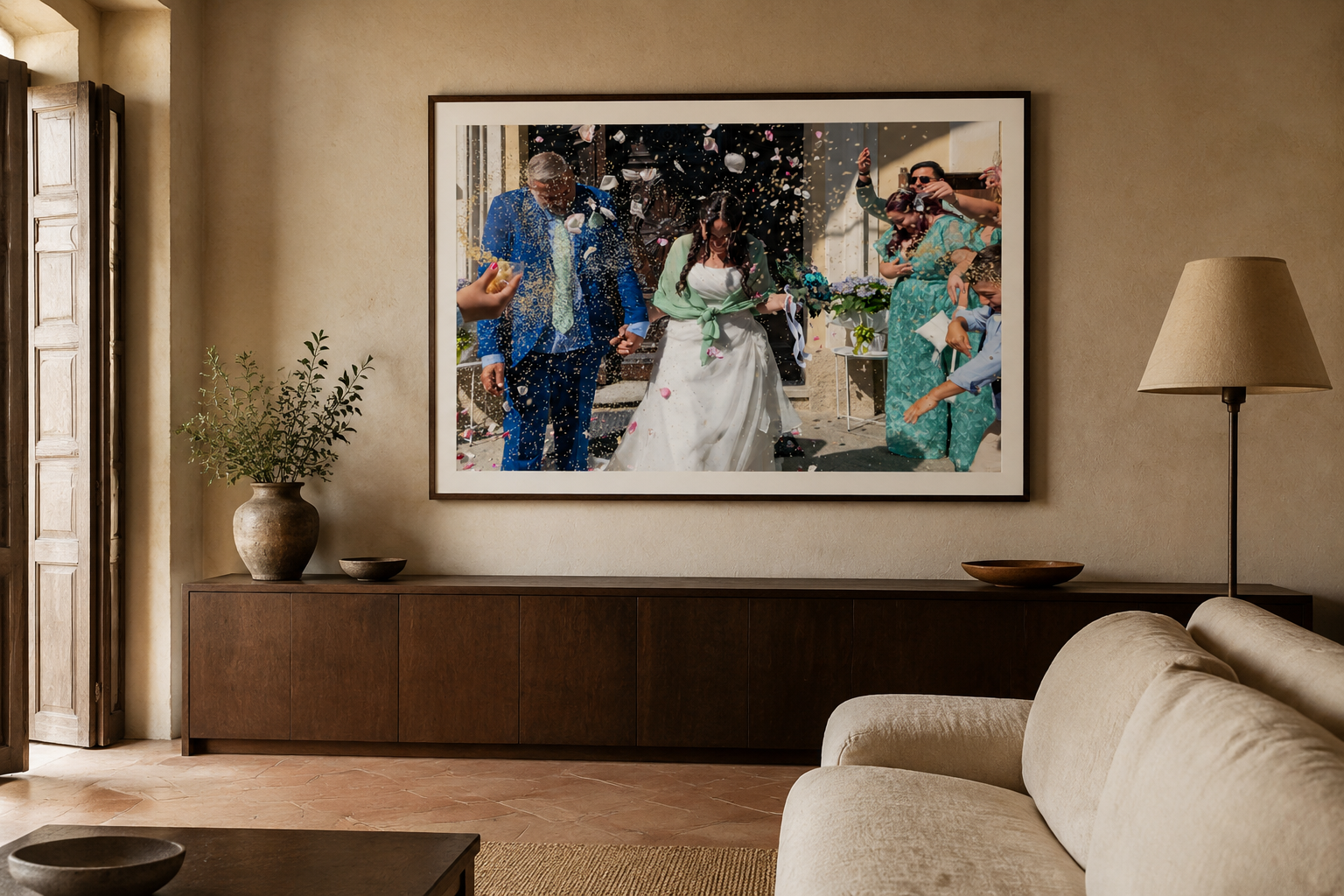 foto di sposi all'uscita della chiesa durante il lancio del riso appesa in un salotto contemporaneo