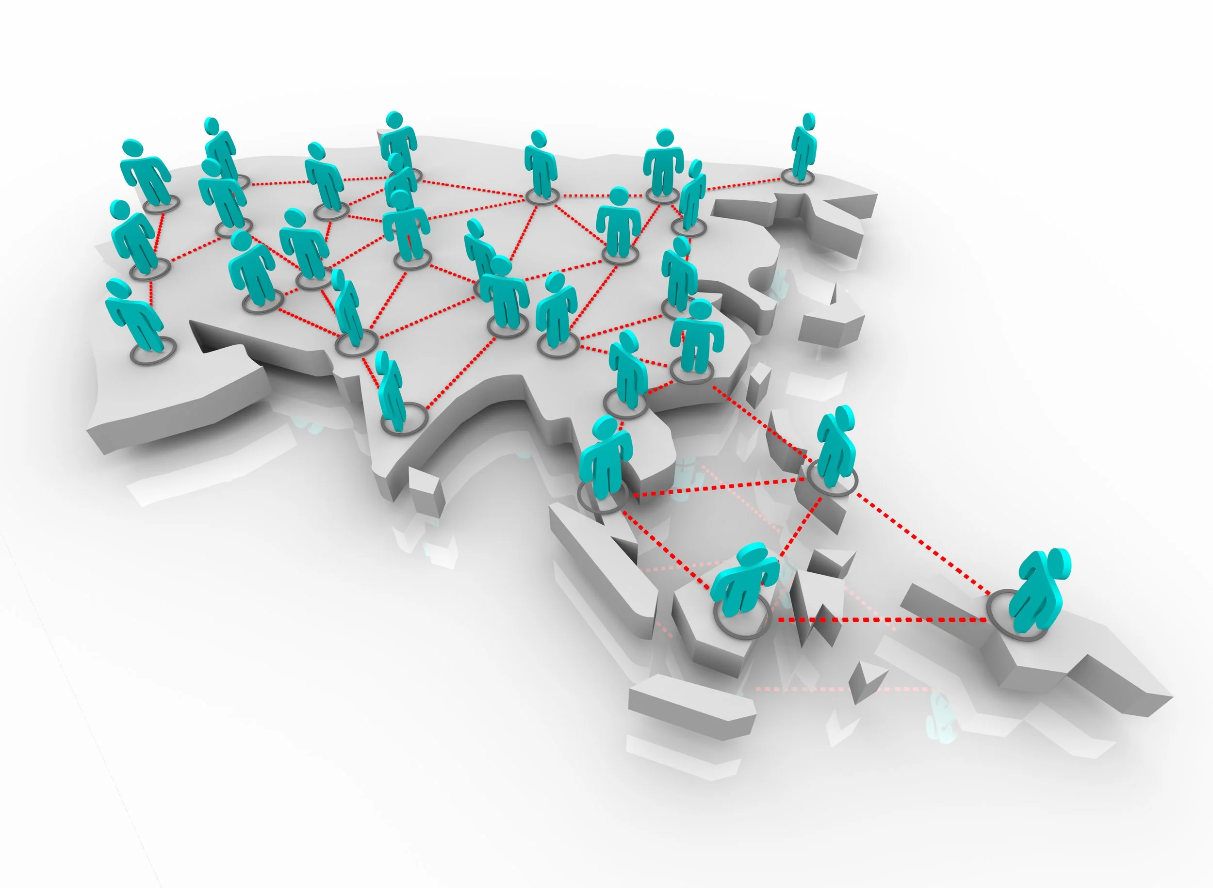A 3D illustration depicting a network of blue human icons connected by red dotted lines, placed on a cracked white surface resembling a map of the Southeast Asia, the area we cover for a services.