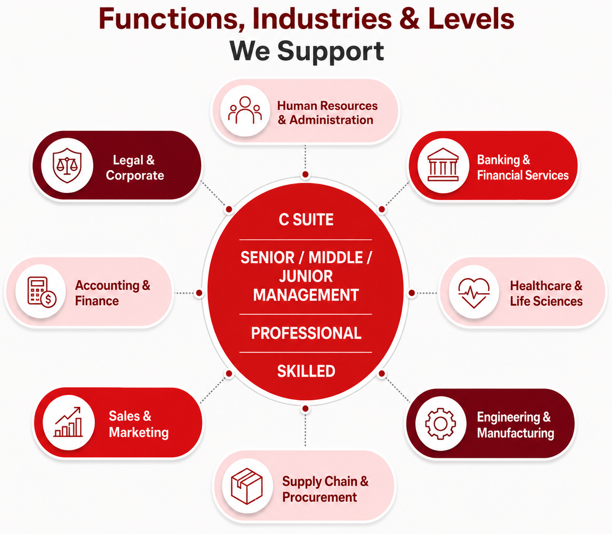 Diagram showing support functions for the C Suite, including Human Resources & Administration, Legal & Corporate, Banking & Financial Services, Accounting & Finance, Healthcare & Life Sciences, Sales & Marketing, Supply Chain & Procurement, and Engineering & Manufacturing. The central circle highlights senior management levels: Senior, Middle, Junior, Professional, and Skilled.