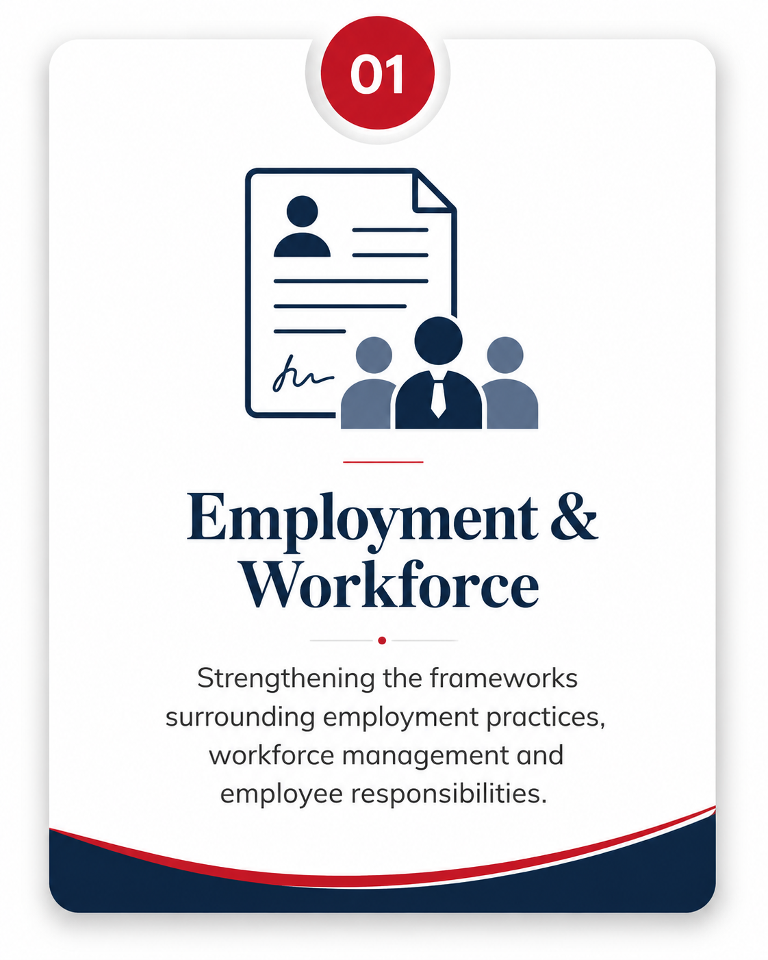 A pamphlet cover titled 'Employment & Workforce' with an icon of a document and three people. The subtitle reads 'Strengthening the frameworks surrounding employment practices, workforce management and employee responsibilities.'