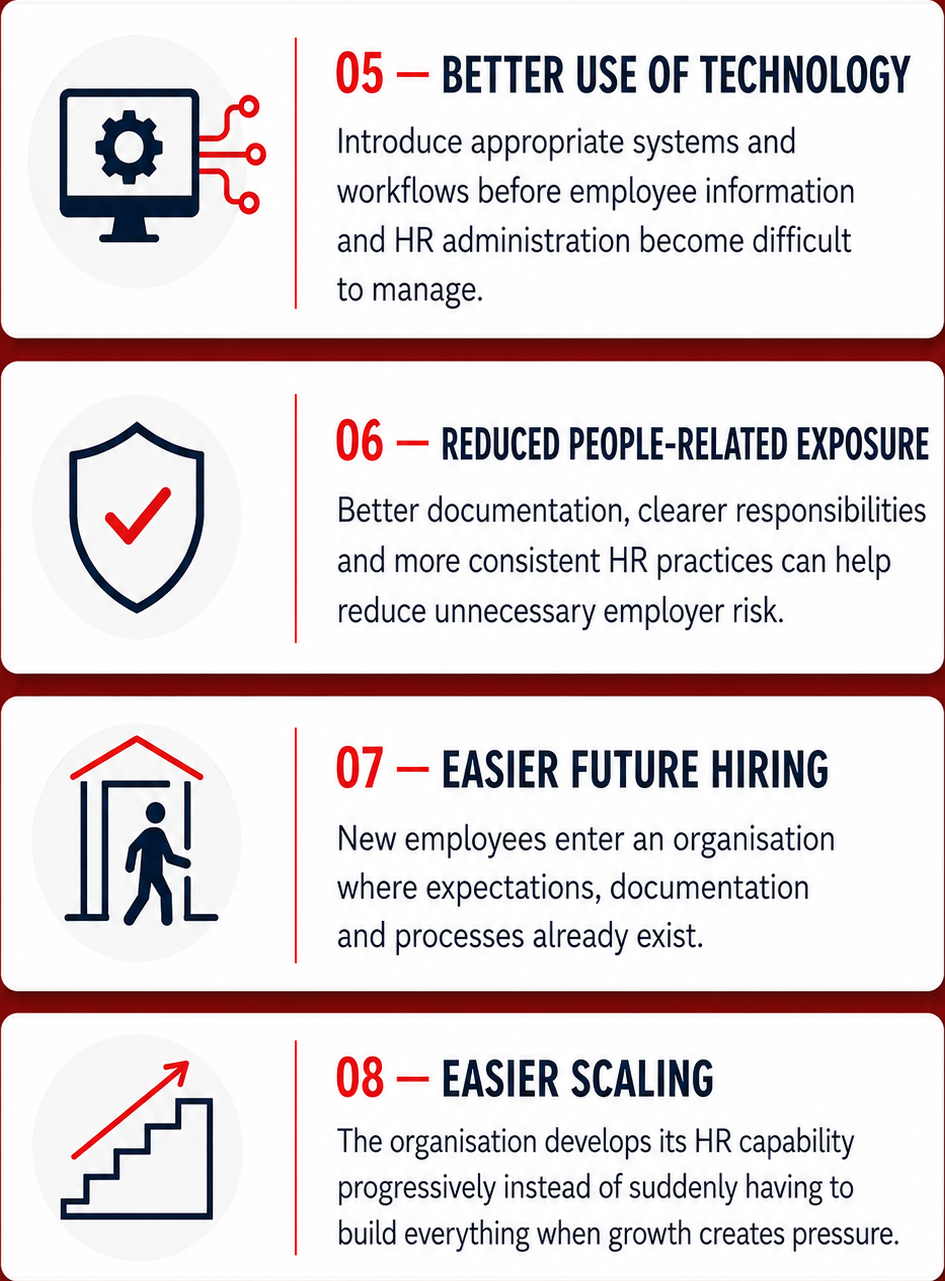 Benefits of scalable HR systems including technology, reduced risk, easier hiring and growth