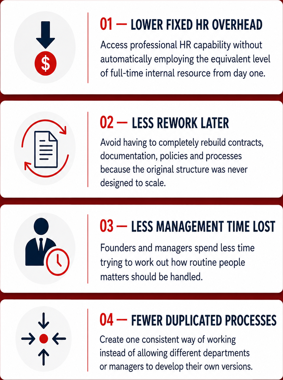 Benefits of early HR foundations including lower overhead, less rework and reduced management time