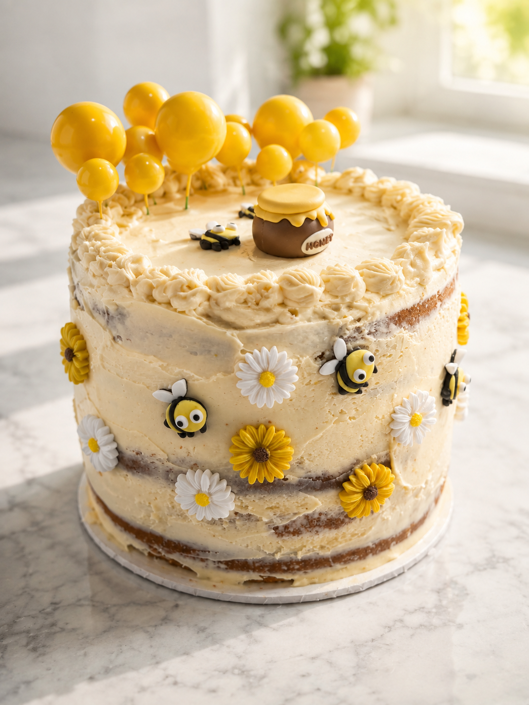 A layered, semi-naked vanilla cake decorated with bees, daisies, and yellow balloons on top, with a honey pot figurine and bee embellishments.