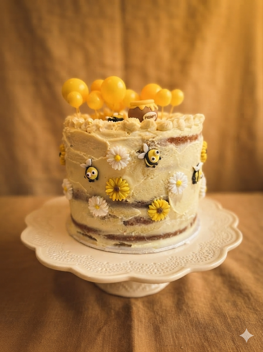 A layered vanilla cake decorated with edible bees, flowers, and honey themed toppers on a white cake stand.