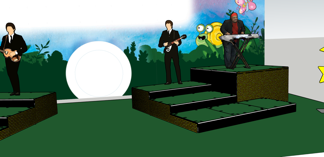 Cartoon-Bühne mit drei Männern in Anzügen, die Musikinstrumente spielen, auf einer grünen Plattform mit bunten Figuren im Hintergrund.