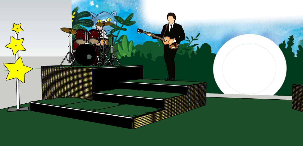 Illustration eines Bühnenaufbaus mit einem Musiker in Anzug, der eine Gitarre spielt, und einem Kind, das Schlagzeug spielt. Im Hintergrund befindet sich eine bunte Wand mit einem großen Katzenkopf und Pflanzen, und auf der linken Seite sind drei gel