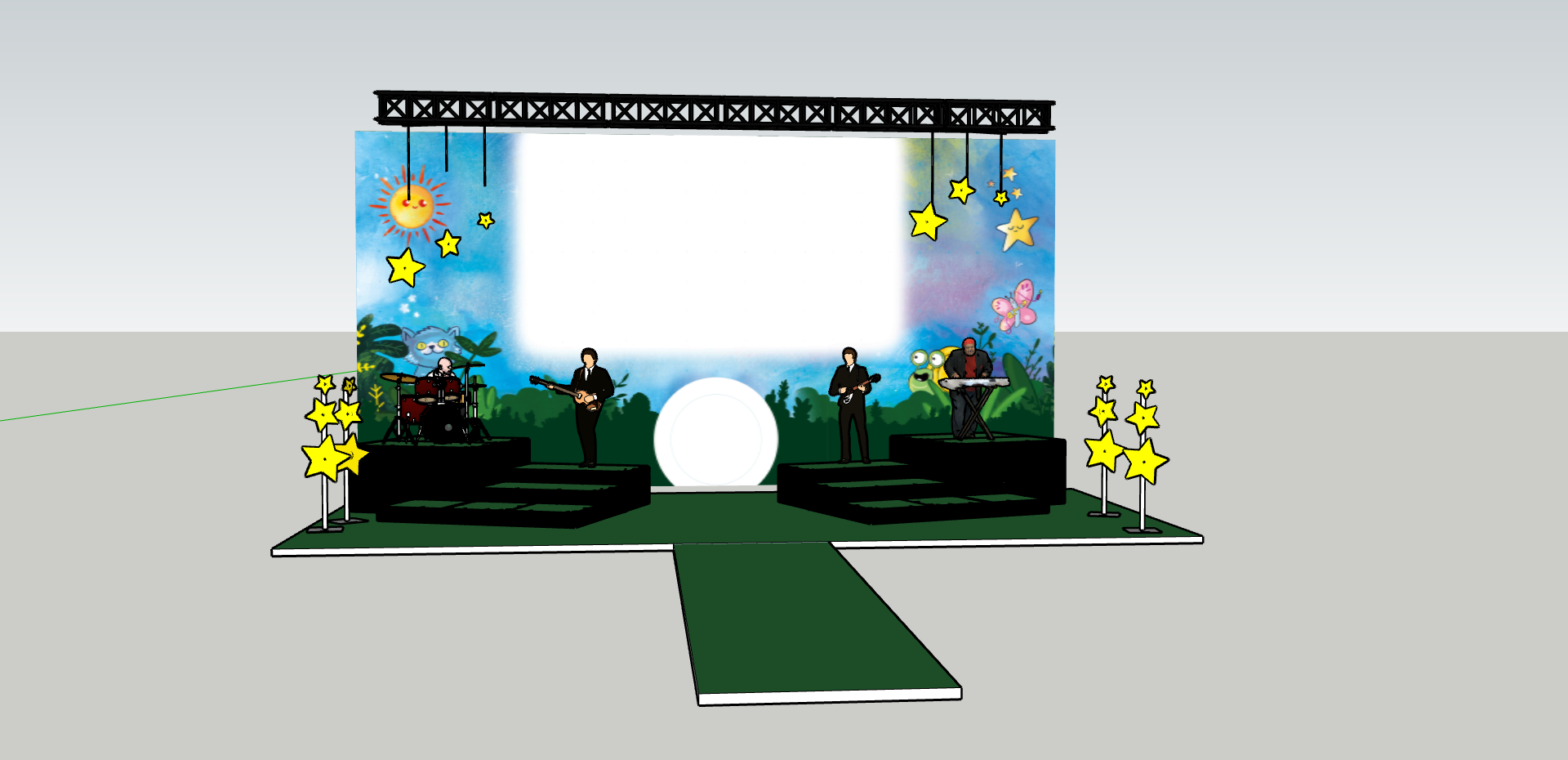 Bühnenbild mit Sternen, Sternenhimmel und Tieren im Hintergrund, mit einer Band bestehend aus einem Schlagzeuger, einem Gitarristen, einem Bassisten und einem Keyboardspieler, auf einer kleinen Bühne mit grünem Teppich.