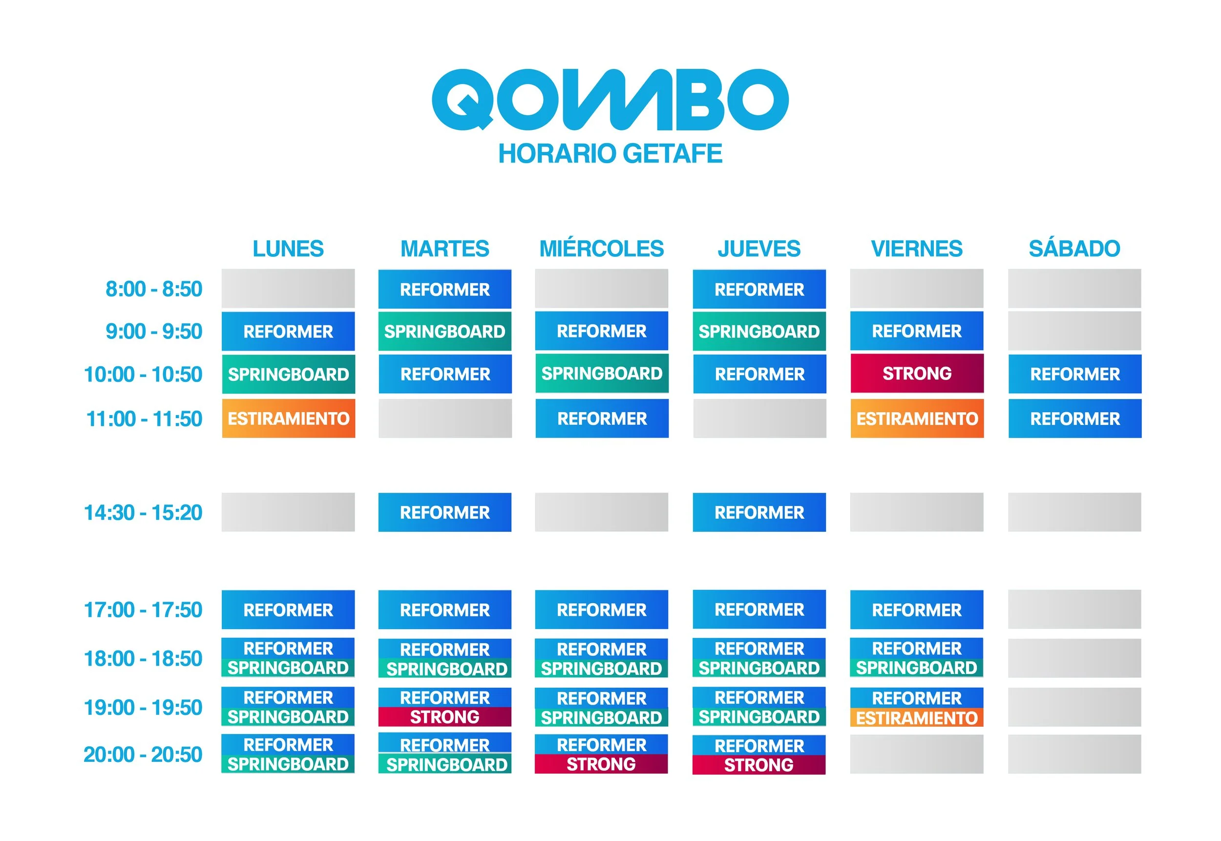 Horarios de clases en una cartelera con días de la semana, horas y actividades como reformer, springboard, strong y estiramiento en diferentes horarios, con colores diferenciados para cada actividad.