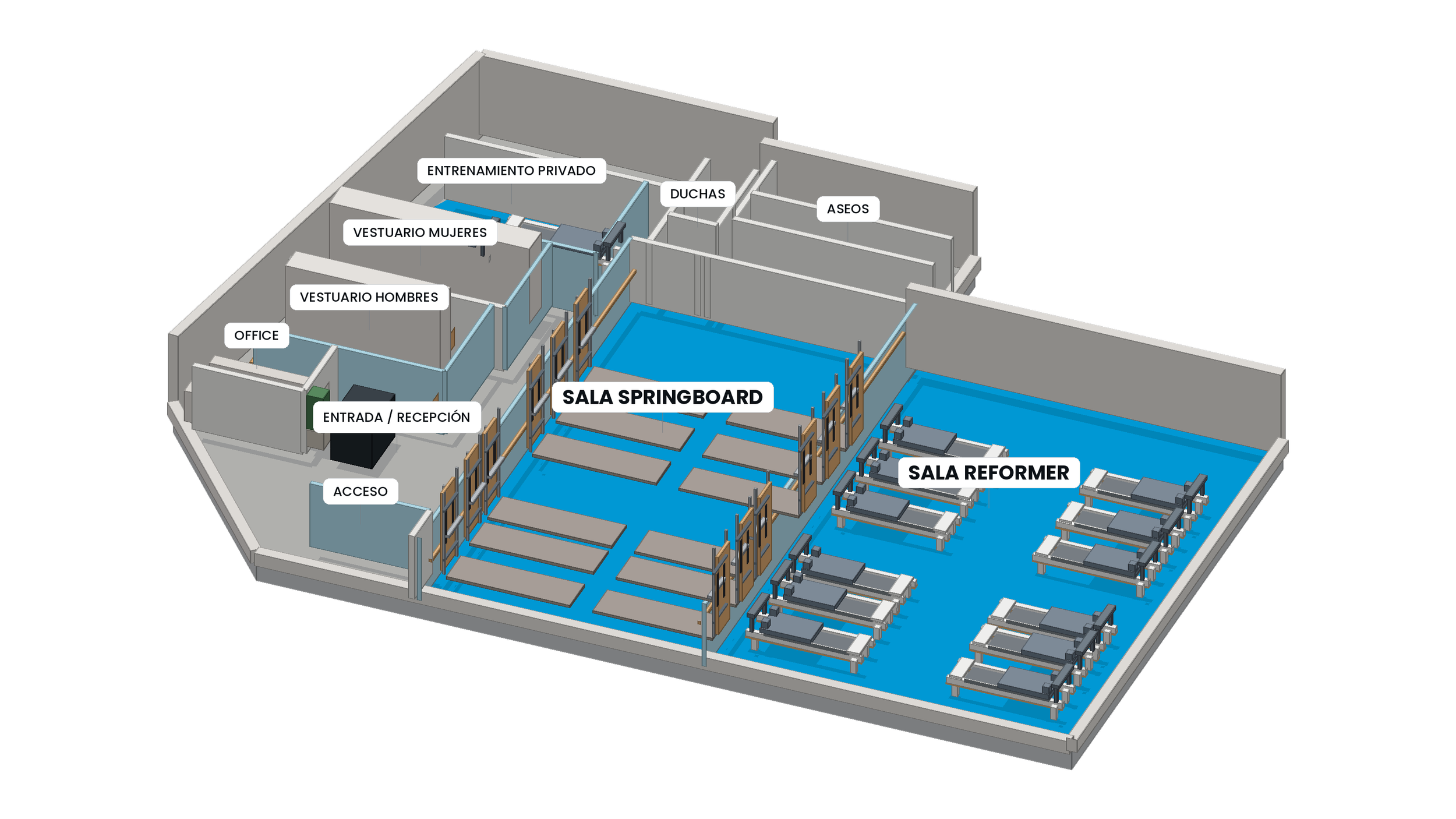 Plano de una sala de entrenamiento con áreas para recepción, vestuarios, duchas, aseos, oficina, entrada, acceso, sala springboard y sala reformer, con equipamiento para ejercicio en cada espacio.