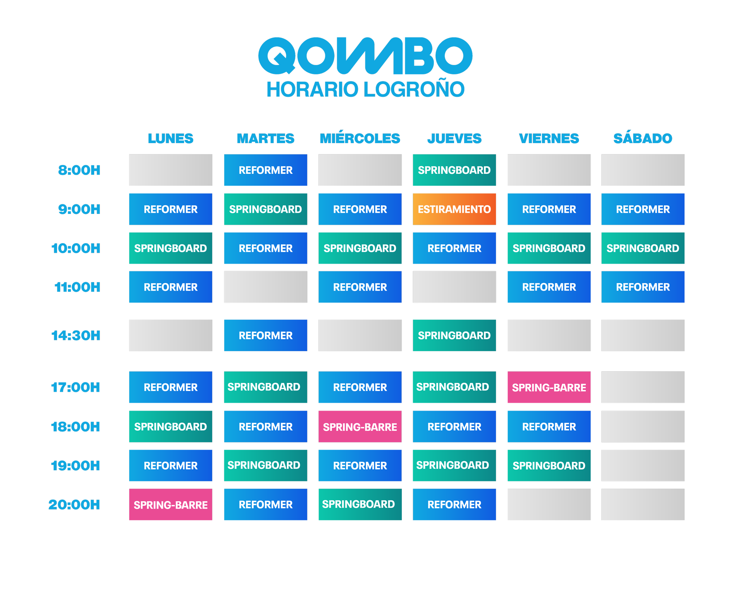 Horario de clases de qombo con actividades como reformer, springboard, strong, estiramiento y springbarre, organizado por días y horas.