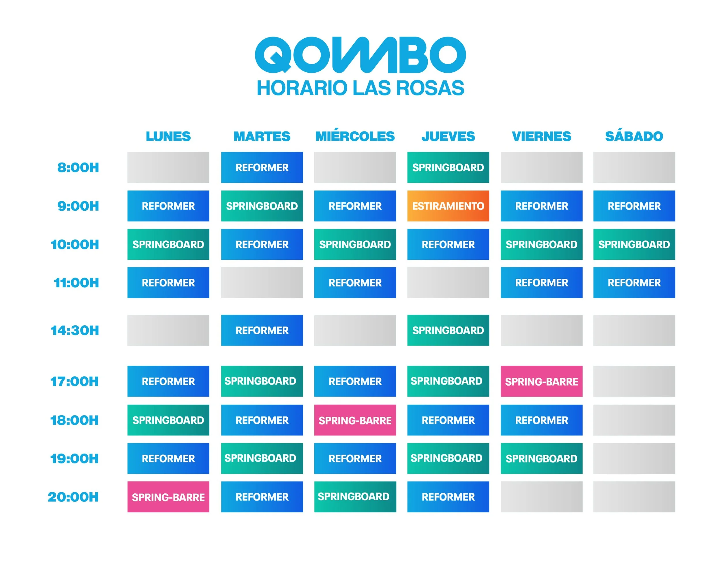 Horario semanal de clases de gimnasio en letras azules, incluye días de lunes a sábado y horas desde las 8:00 hasta las 20:00, con diferentes actividades como reformer, springboard, spring-barre, y clases en gris y rosa.