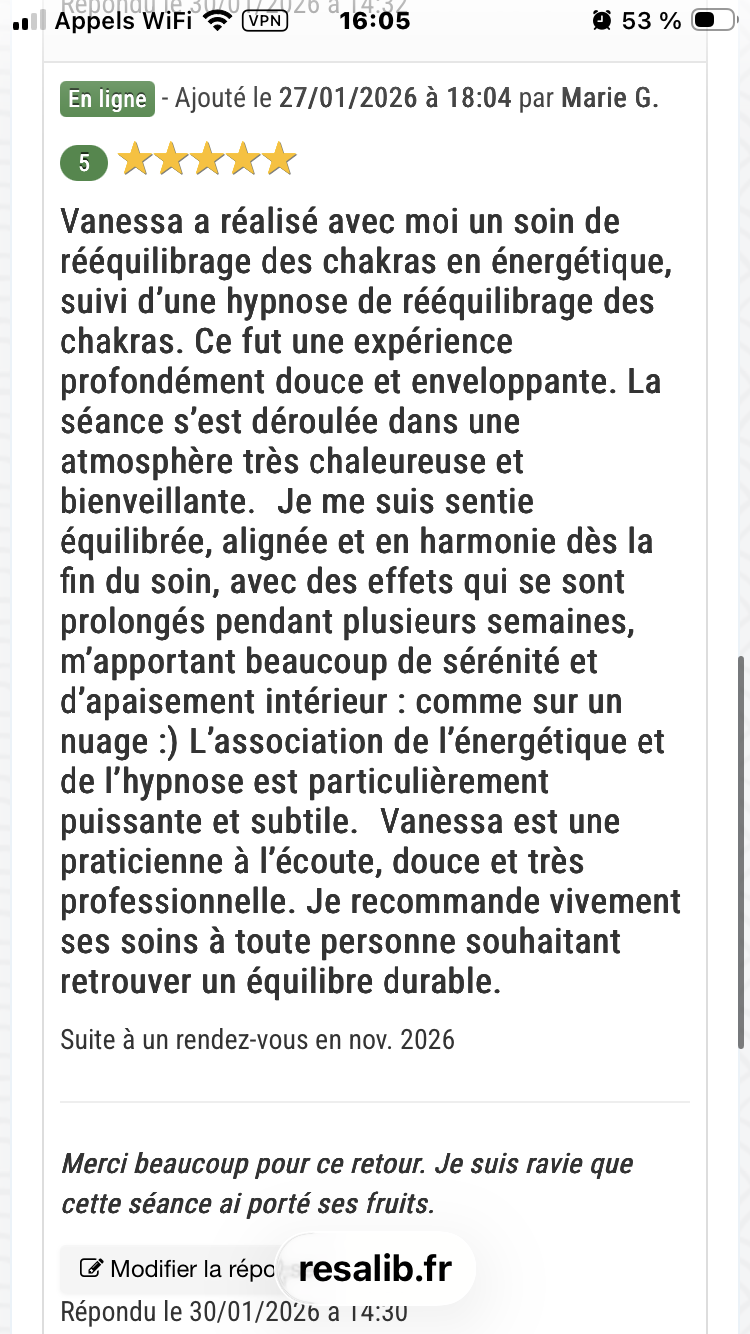 Avis de Marie concernant les bienfaits des soins énergétiques par Vanessa Lieto - Orah Nes Sens.