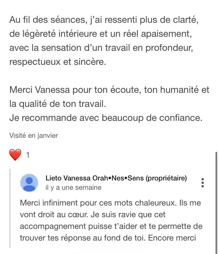 Retour détaillé de Sabrina sur son accompagnement en hypnose et karma avec Vanessa Lieto.