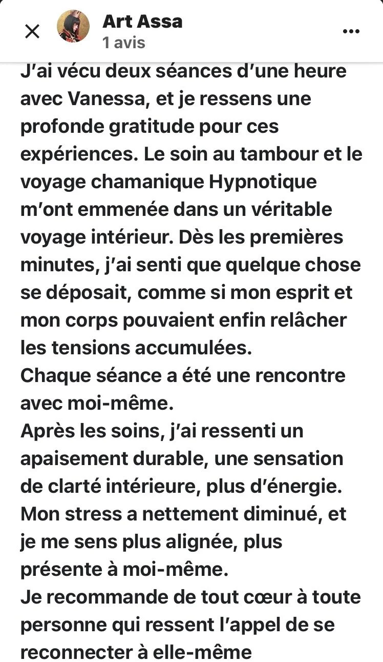 Avis client de Zvetou sur un soin au tambour chamanique avec Vanessa Lieto à La Colle-sur-Loup.